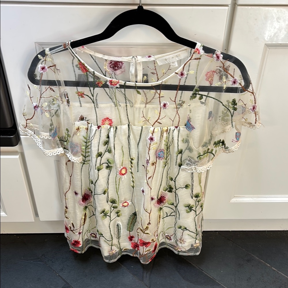 Anthropologie Sheer Top with Colorful Floral Embroidery - Picture 2 of 4